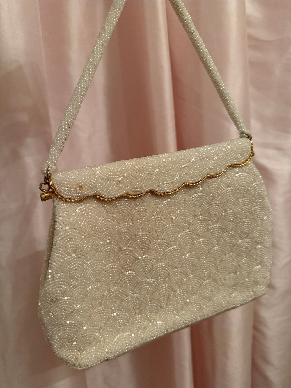 Vintage Art Deco Ivory Beaded Shoulder Bag with Gold Trim